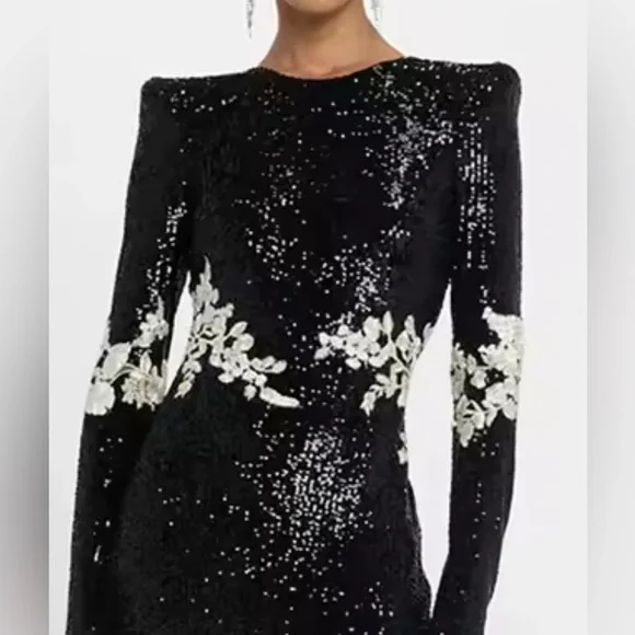 Retail $398 Rose and Lily Black Sequin Dress with Floral Accents - Picture 4 of 11